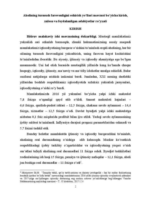 Aholining turmush farovonligini oshirish yo'llari mavzusi bo'yicha kirish, xulosa va foydalanilgan adabiyotlar ro'yxati