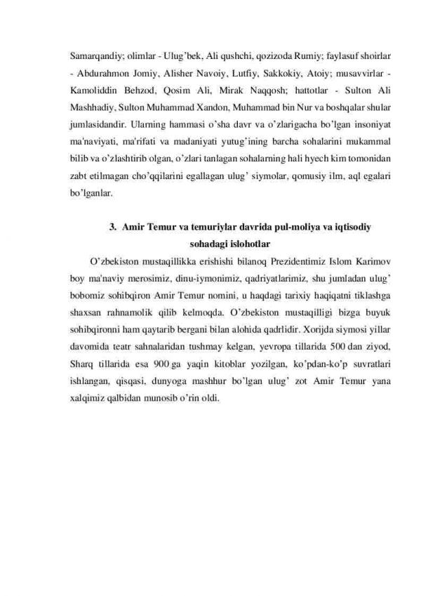 Amir Temur va temuriylar sulolasi davrida ma'naviyat. Amir Temur va temuriylar davrida pul-moliya va iqtiso-diy sohadagi islohotlarning ma'naviy-madaniy hayotni yuksaltirishdagi hissasi - Image 3