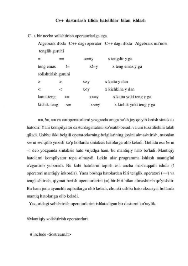 C++ dasturlash tilida hatoliklar bilan ishlash