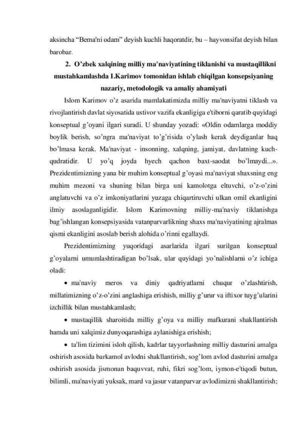 Ma'naviyat asoslari kursining o'rganish predmeti, vazifalari va ahamiyati. I.Karimovning milliy ma'naviy tiklanish konsepsiyasi. Ma'naviyatning tarkibiy qismlari va rivojlanish bosqichlari - Image 3