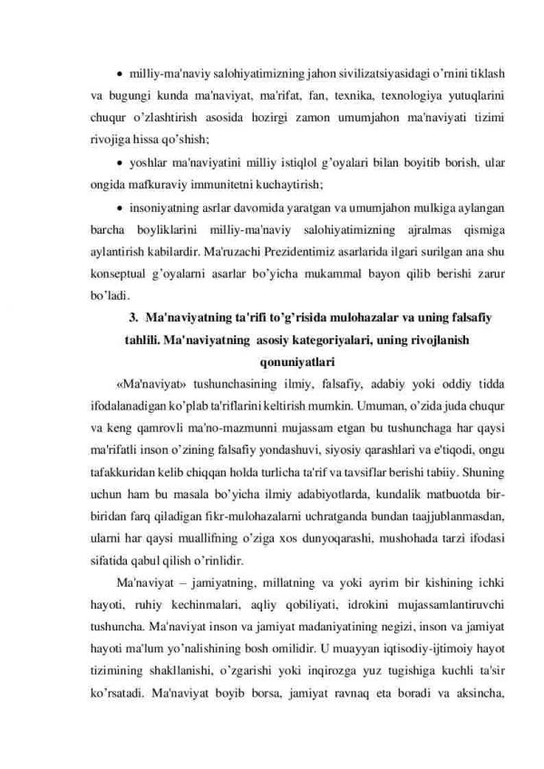 Ma'naviyat asoslari kursining o'rganish predmeti, vazifalari va ahamiyati. I.Karimovning milliy ma'naviy tiklanish konsepsiyasi. Ma'naviyatning tarkibiy qismlari va rivojlanish bosqichlari - Image 4