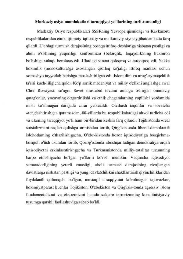 Markaziy osiyo mamlakatlari taraqqiyot yo'llarining turli-tumanligi