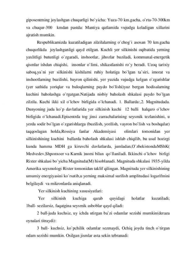 Tabiiy tusdagi favqulodda vaziyatlar turlari. Zilzila, yer ko'chish, tog' ko'chish, qor ko'chish, suv toshqinlari, suv to'planishi va sellar, kuchli shamollar, jala qo'yish. Ularning asoratlari. Oldini olish va asoratlarini bartaraf etish - Image 3