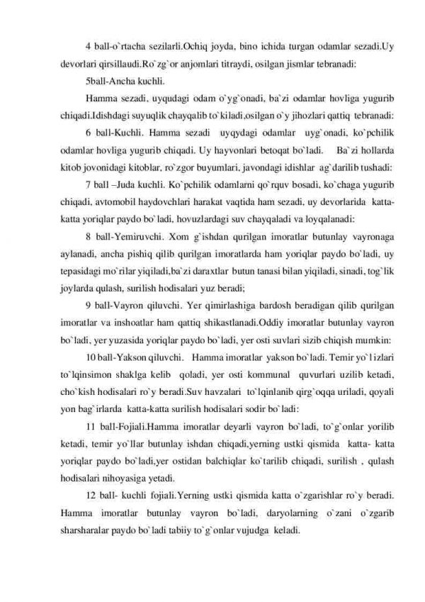 Tabiiy tusdagi favqulodda vaziyatlar turlari. Zilzila, yer ko'chish, tog' ko'chish, qor ko'chish, suv toshqinlari, suv to'planishi va sellar, kuchli shamollar, jala qo'yish. Ularning asoratlari. Oldini olish va asoratlarini bartaraf etish - Image 4