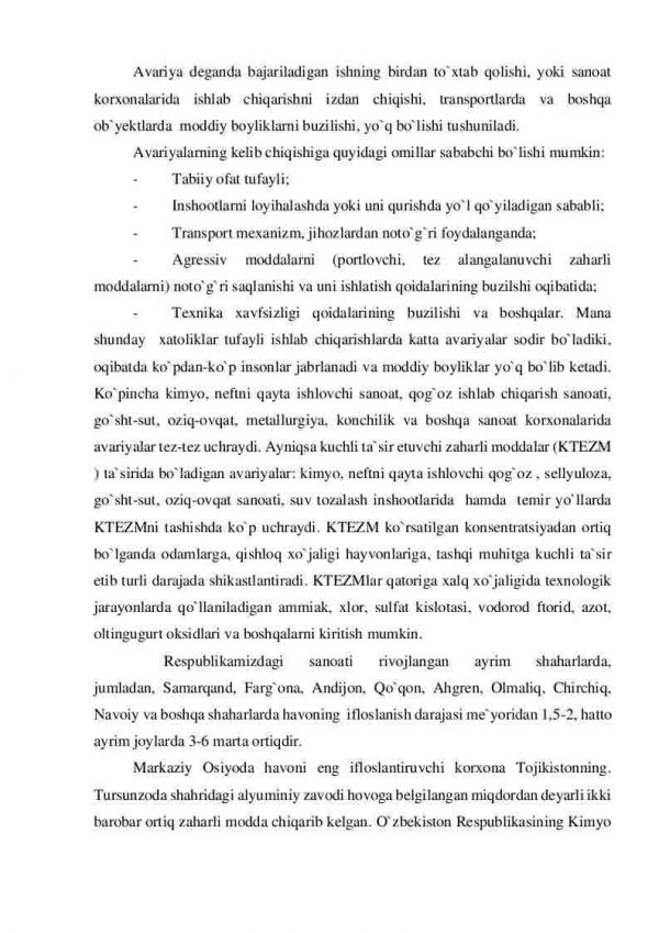 Texnogen tusdagi favqulodda vaziyatlar turlari. Transport avariyalari va halokatlari. Kimyoviy xavfli ob`yektlardagi avariyalar. Yong`in – portlash xavfi mavjud bo`lgan ob`yektlardagi avariyalar. Zamonaviy qirg`in qurollar, ularning ta`sir va xususiyatlari - Image 2