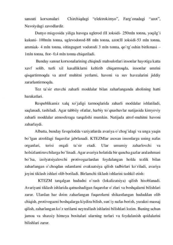 Texnogen tusdagi favqulodda vaziyatlar turlari. Transport avariyalari va halokatlari. Kimyoviy xavfli ob`yektlardagi avariyalar. Yong`in – portlash xavfi mavjud bo`lgan ob`yektlardagi avariyalar. Zamonaviy qirg`in qurollar, ularning ta`sir va xususiyatlari - Image 3