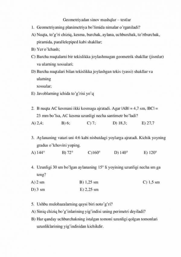 Geometriyadan sinov mashqlar – testlar