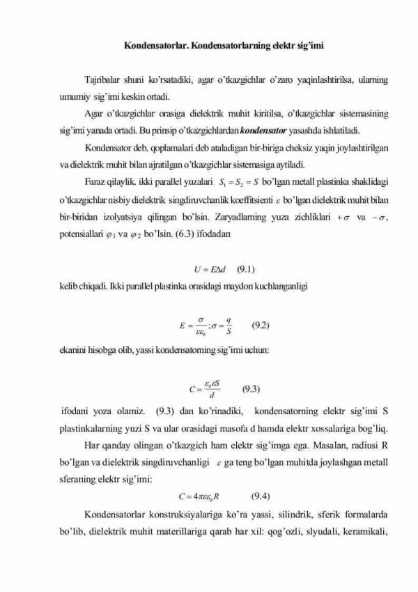 Kondensatorlar. Kondensatorlarning elektr sig’imi