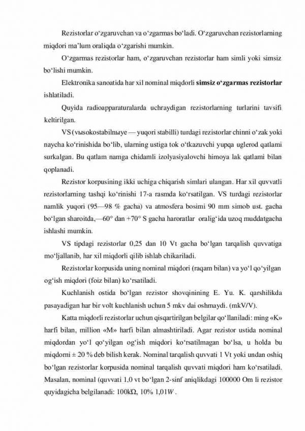 Rezistorlar va ularga qo'yiladigan asosiy talablar hamda ularning turlari - Image 3