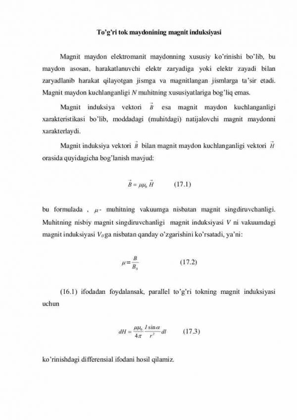 To'g'ri tok maydonining magnit induksiyasi