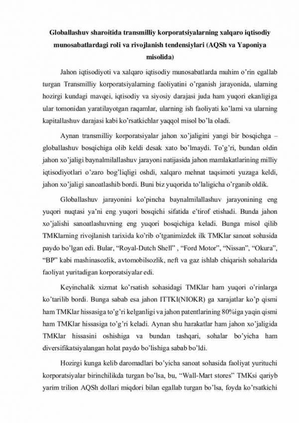 Globallashuv sharoitida transmilliy korporatsiyalarning xalqaro iqtisodiy munosabatlardagi roli va rivojlanish tendensiylari (AQSh va Yaponiya misolida)