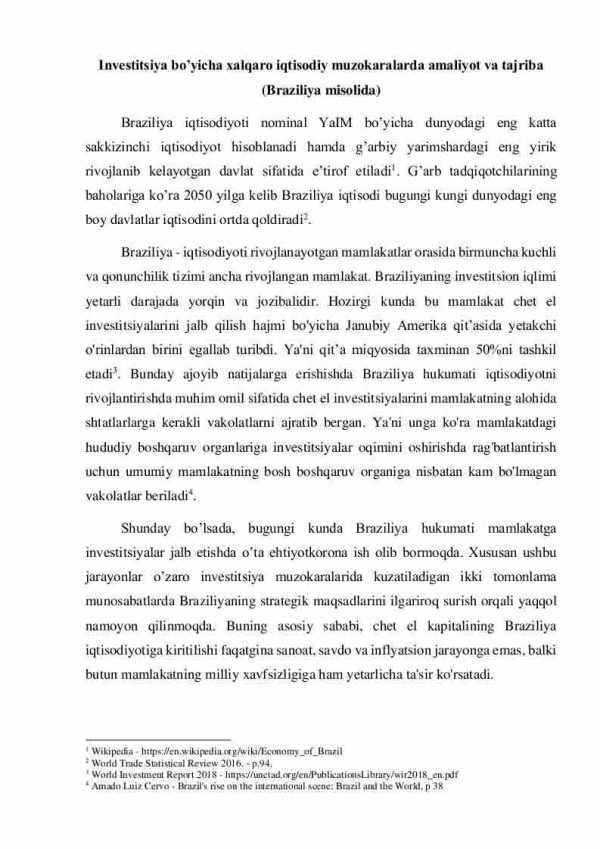 Investitsiya bo'yicha xalqaro iqtisodiy muzokaralarda amaliyot va tajriba (Braziliya misolida)