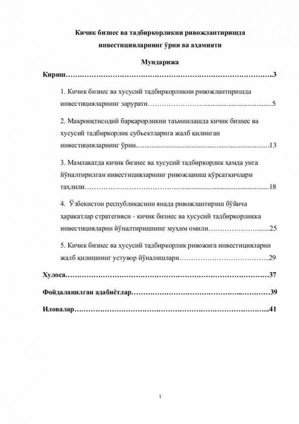 Kichik biznes va tadbirkorlikni rivojlantirishda investitsiyalarning o’rni va ahamiyati