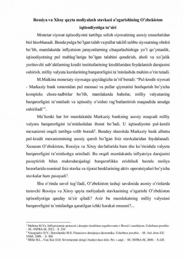 Rossiya va Xitoy qayta moliyalash stavkasi o’zgarishining O’zbekiston iqtisodiyotiga ta’siri