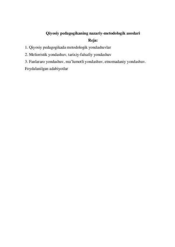 Qiyosiy pedagogikaning nazariy-metodologik asoslari