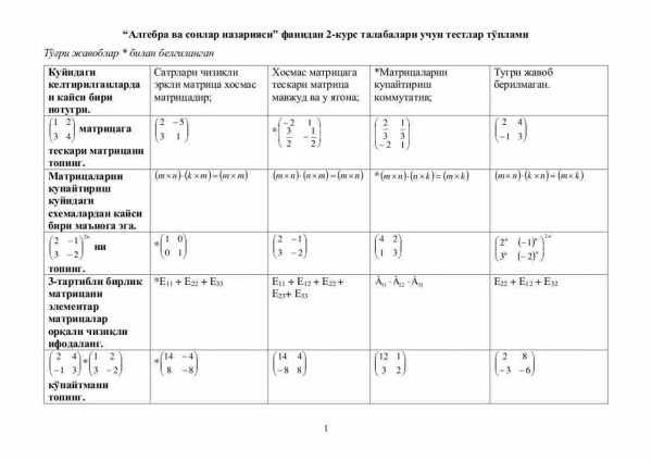 “Algebra va sonlar nazariyasi” fanidan 2-kurs talabalari uchun testlar to'plami