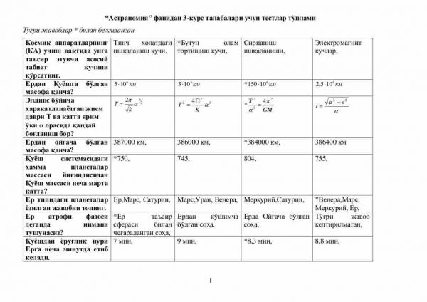 “Astranomiya” fanidan 3-kurs talabalari uchun testlar to'plami