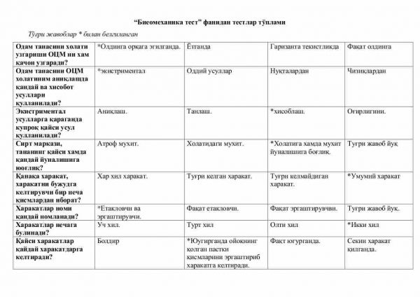 “Biomexanika test” fanidan testlar to'plami