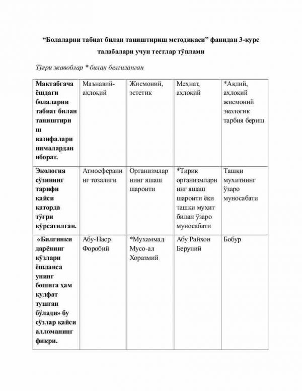 “Bolalarni tabiat bilan tanishtirish metodikasi” fanidan 3-kurs talabalari uchun testlar to'plami