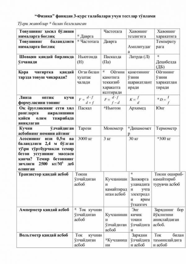 “Fizika” fanidan 3-kurs talabalari uchun testlar to'plami