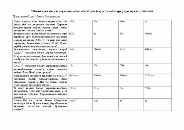 “Fizikadan masalalar yechish metodikasi”dan 4-kurs talabalari uchun testlar to'plami