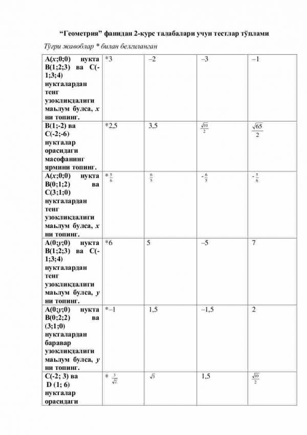 “Geometriya” fanidan 2-kurs talabalari uchun testlar to'plami