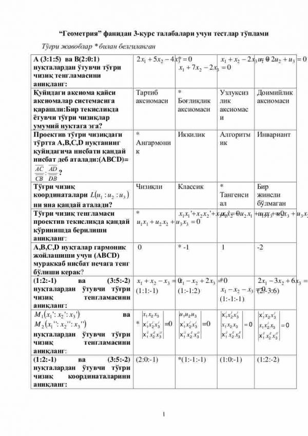 “Geometriya” fanidan 3-kurs talabalari uchun testlar to'plami