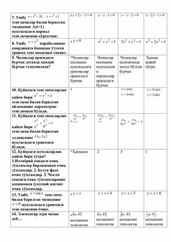 “Geometriya” fanidan 4-kurs talabalari uchun testlar to'plami - Image 2