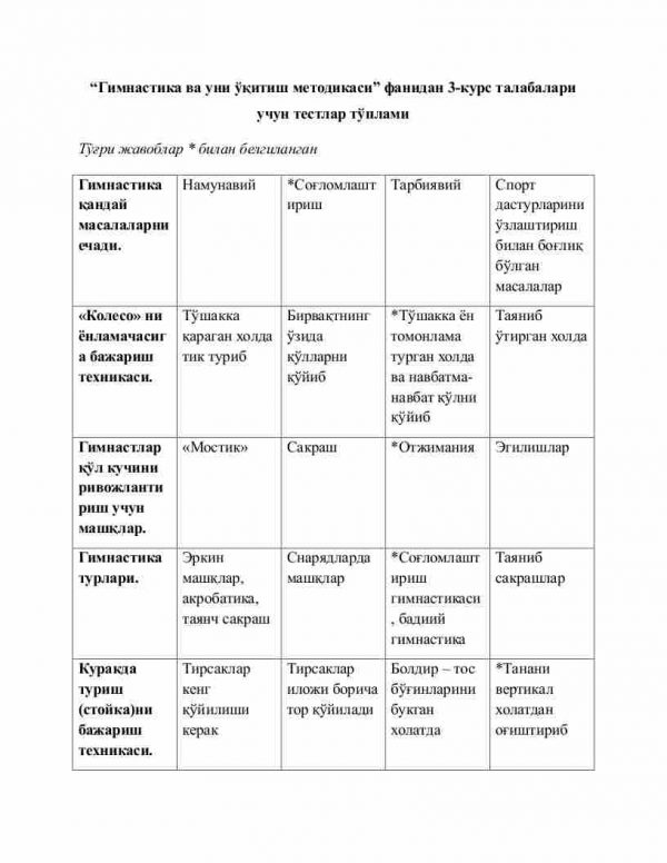 “Gimnastika va uni o'qitish metodikasi” fanidan 3-kurs talabalari uchun testlar to'plami