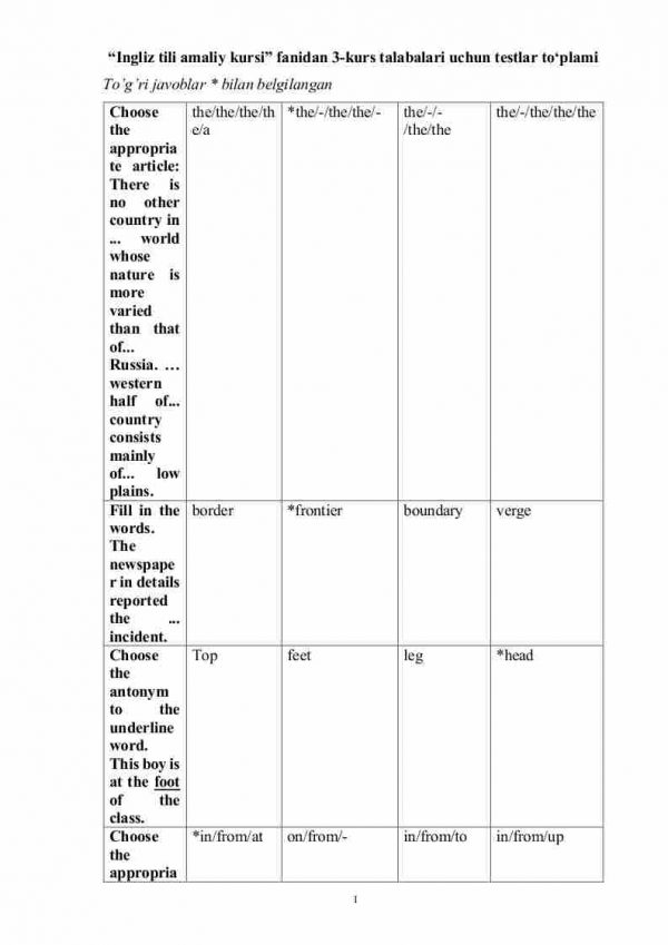 “Ingliz tili amaliy kursi” fanidan 3-kurs talabalari uchun testlar to'plami