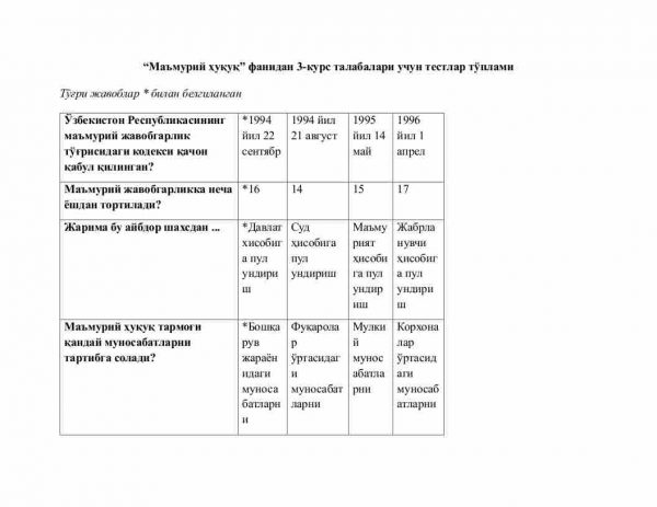 “Ma’muriy huquq” fanidan 3-kurs talabalari uchun testlar to'plami