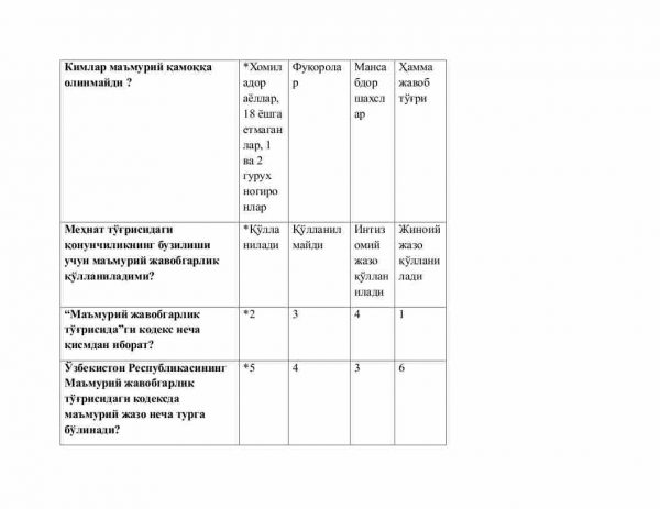 “Ma’muriy huquq” fanidan 3-kurs talabalari uchun testlar to'plami - Image 2