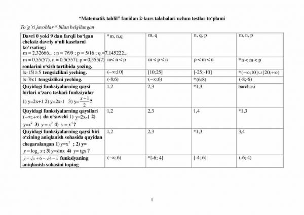 “Matematik tahlil” fanidan 2-kurs talabalari uchun testlar to'plami