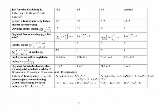 “Matematik tahlil” fanidan 2-kurs talabalari uchun testlar to'plami - Image 2