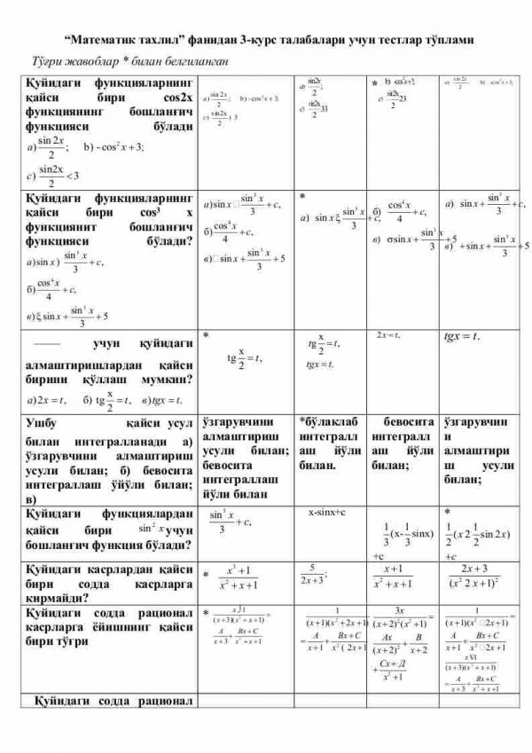 “Matematik taxlil” fanidan 3-kurs talabalari uchun testlar to'plami