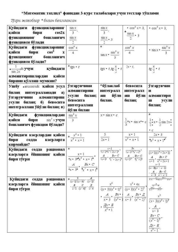 “Matematik tahlil” fanidan 3-kurs talabalari uchun testlar to'plami