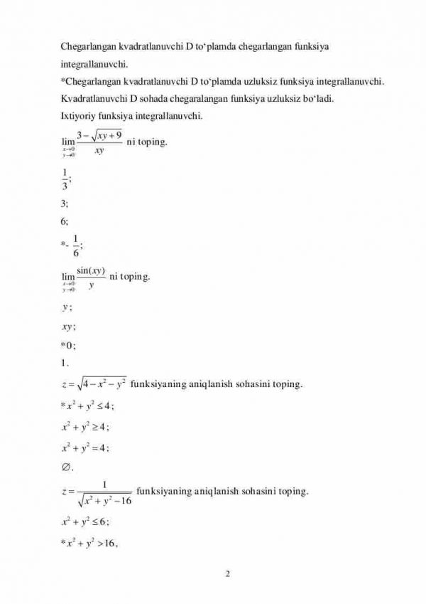 “Matematik tahlil” fanidan 4-kurs talabalari uchun testlar to'plami - Image 2