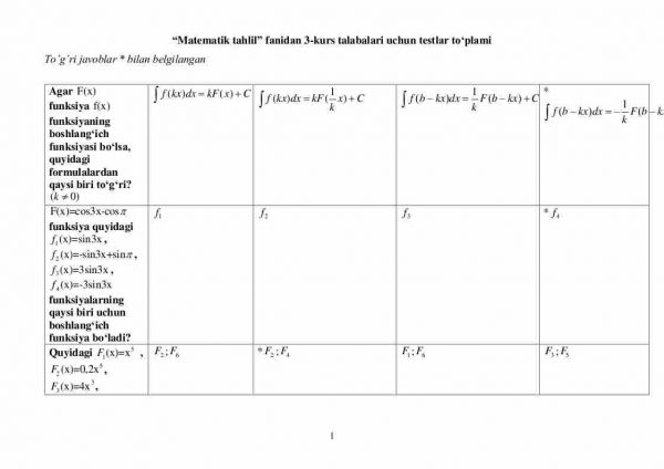 “Matematik tahlil” fanidan 3-kurs talabalari uchun testlar to'plami