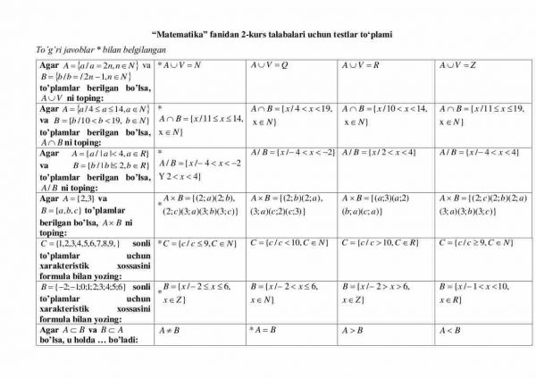 “Matematika” fanidan 2-kurs talabalari uchun testlar to'plami