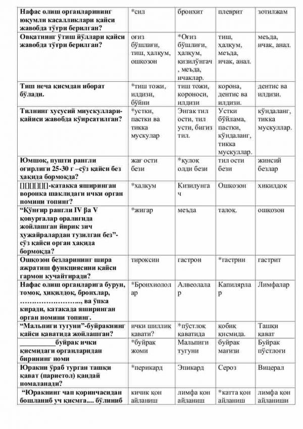 “Odam anatomiyasi va fiziologiyasi” fanidan 3-kurs talabalari uchun testlar to'plami - Image 3