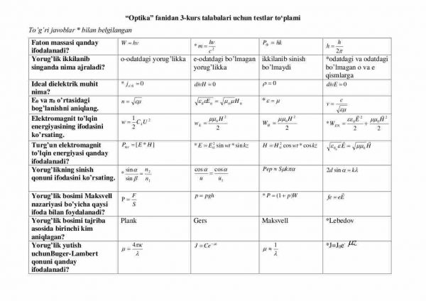 “Optika” fanidan 3-kurs talabalari uchun testlar to'plami