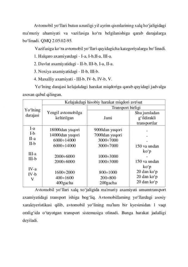 Avtomobil yo'llarining tasnifi. Avtomobil transportini yo'llardagi harakat harakteristikasi. - Image 2