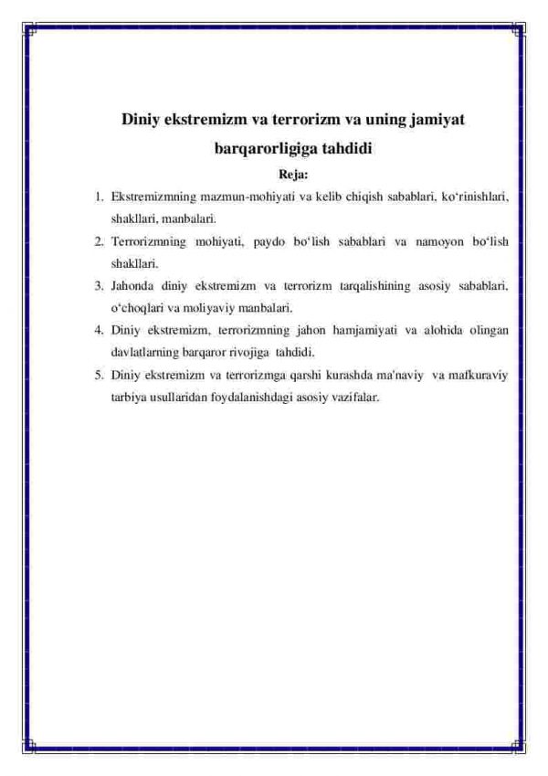 Diniy ekstremizm va terrorizm va uning jamiyat barqarorligiga tahdidi