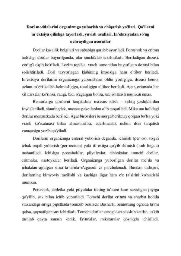 Dori moddalarini organizmga yuborish va chiqarish yo'llari. Qo'larni in'ektsiya qilishga tayorlash, yuvish usullari. In'ektsiyadan so'ng uchraydigan asoratlar