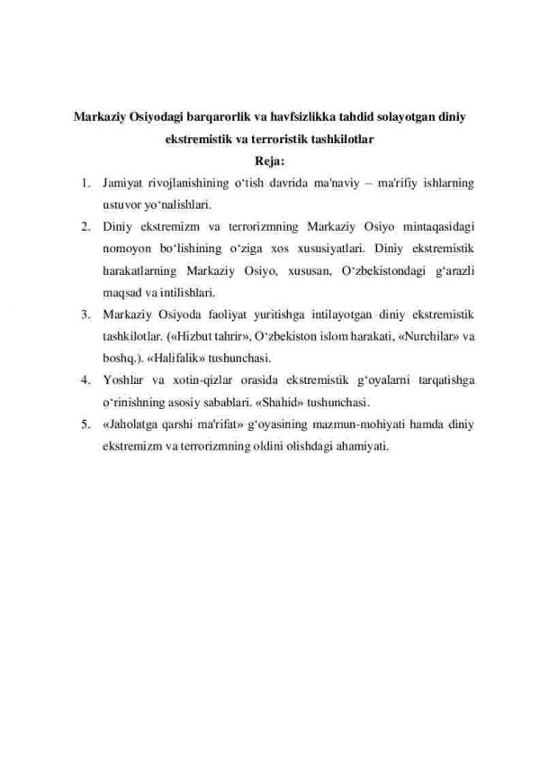 Markaziy Osiyodagi barqarorlik va havfsizlikka tahdid solayotgan diniy ekstremistik va terroristik tashkilotlar