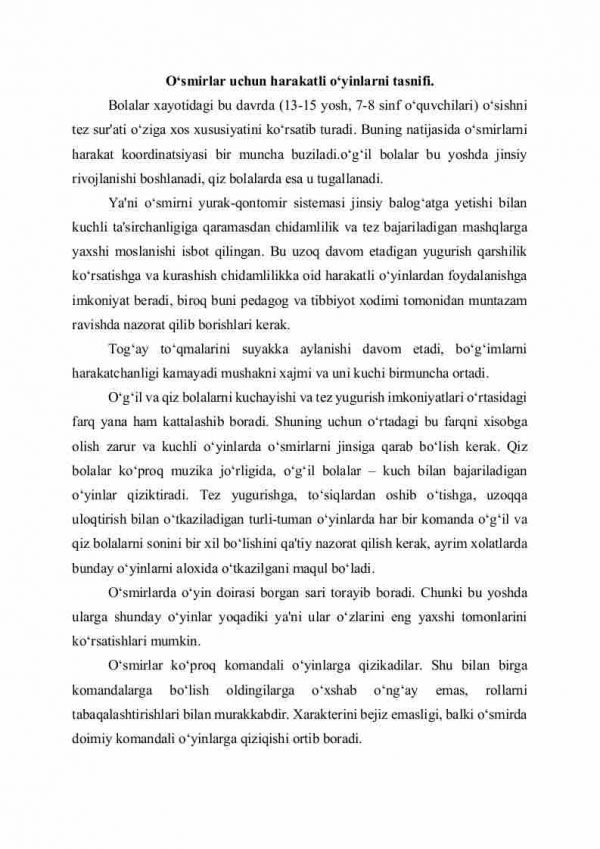 O'smirlar uchun harakatli o'yinlarni tasnifi.