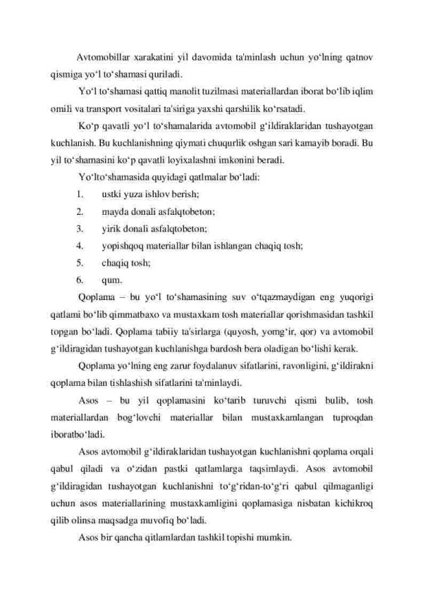 Yo'l to'shamasini konstruksiyasi. Transport foydalanish sifati yo'l to'shamasiga ta'sir etuvchi kuchlar - Image 2