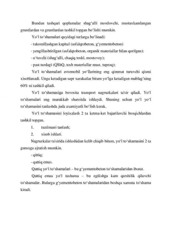 Yo'l to'shamasini konstruksiyasi. Transport foydalanish sifati yo'l to'shamasiga ta'sir etuvchi kuchlar - Image 4