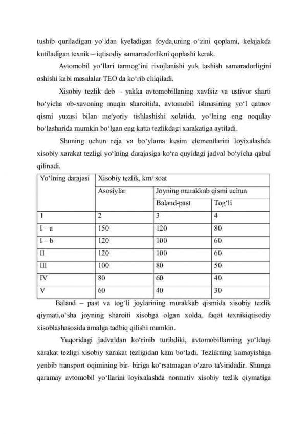 Yo’lni loyihalash uchun texnik me'yorlar. Loyixalashni texnik iqtisodiy pring’ip va me'yorlari. Xisobiy tezlikni asoslash. - Image 3