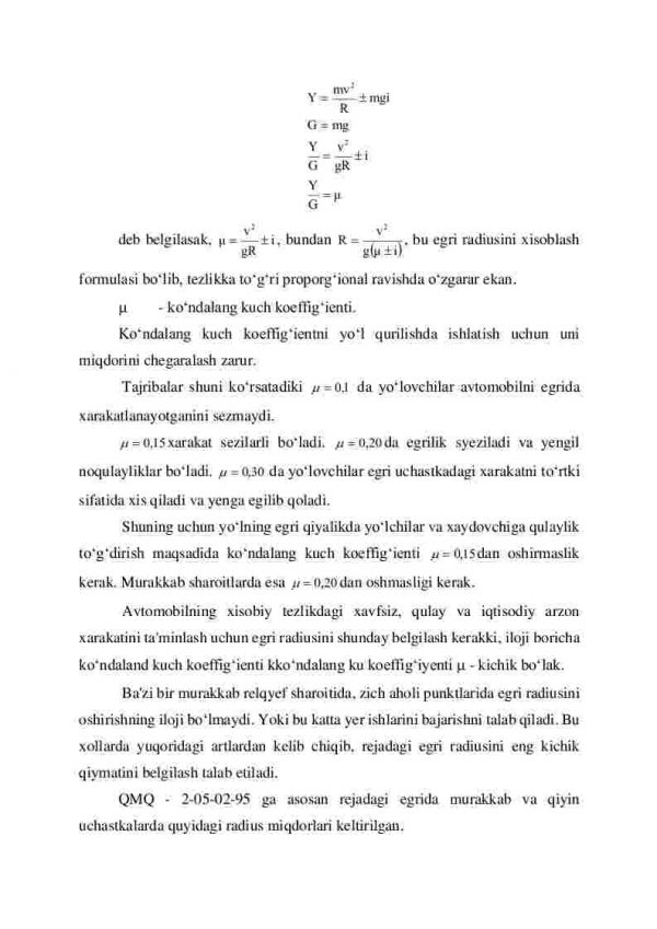 Yo’lni egri bo’laklariga qo’yilgan talablar. Egrilik radiusini belilash. Viraj. - Image 3